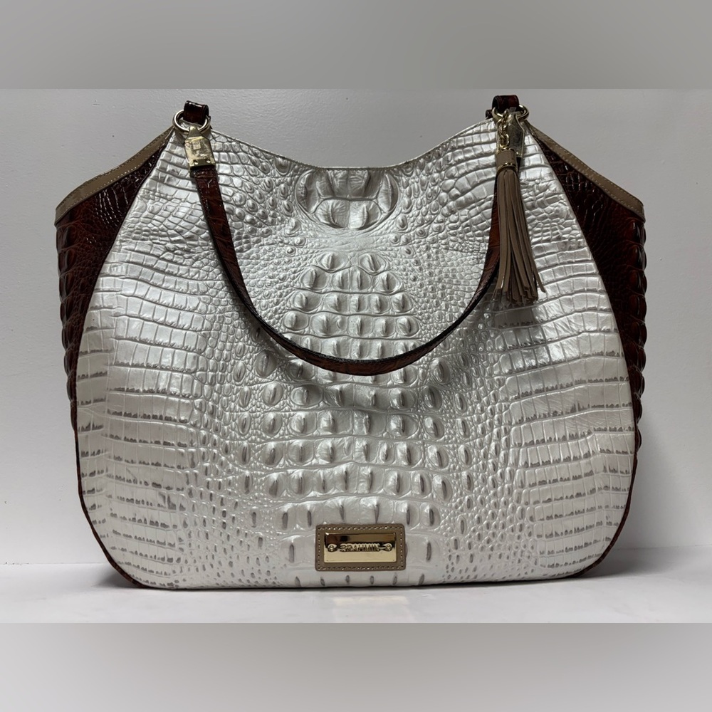 BRAHMIN Crocodile Embossed Tassel Pearl White Brown Leather Large Tote Bag
